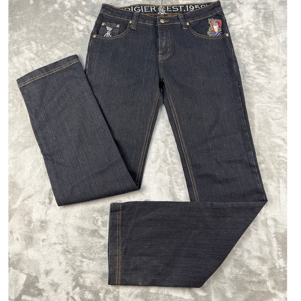 Christian Audigier Jeans Mens 31x34 Straight Dark Wash Embroidered Tattoo EUC